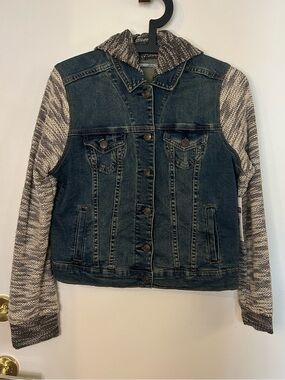 Dex Women’s Blue Denim Jacket with Gray Knit Hood & Sleeves Size M
